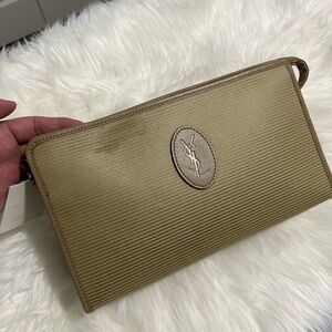 Yves Saint Laurent Tan Ribbed Wristlet with Oval YSL Patch